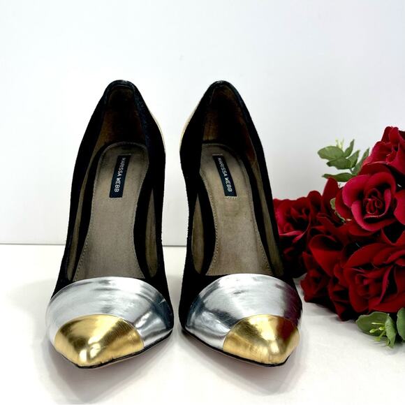 Marissa Webb Stiletto Heel Pump Size 8 Black Gold & Silver Leather Pointed-Toe - Picture 10 of 16